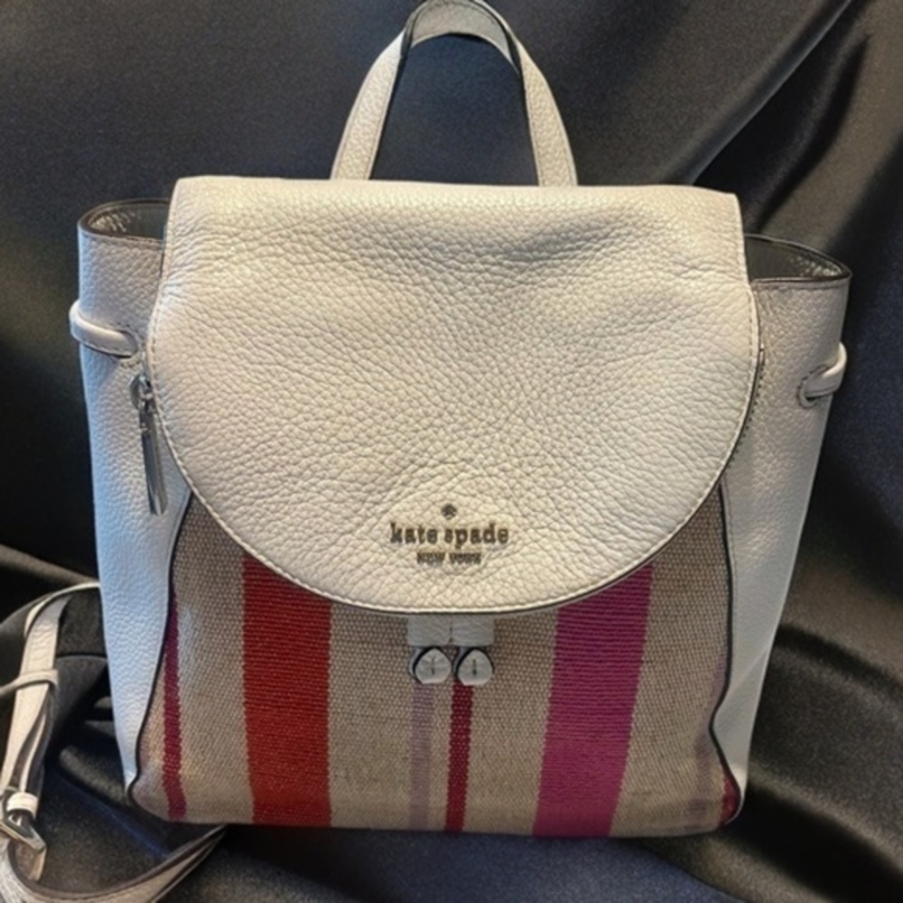Kate ♠️ Spade White Pebbled Leather Backpack w/ pink, orange, brown fabric front